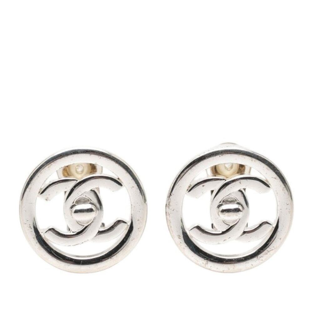 Chanel CC Logo Turn Lock Earrings Silver